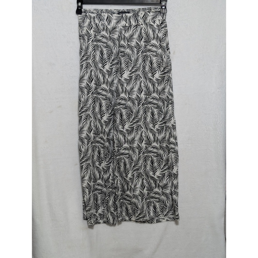 Tahari 100% Linen Pants Womens Small Black White Palm Leaf Print Wide Leg Crop